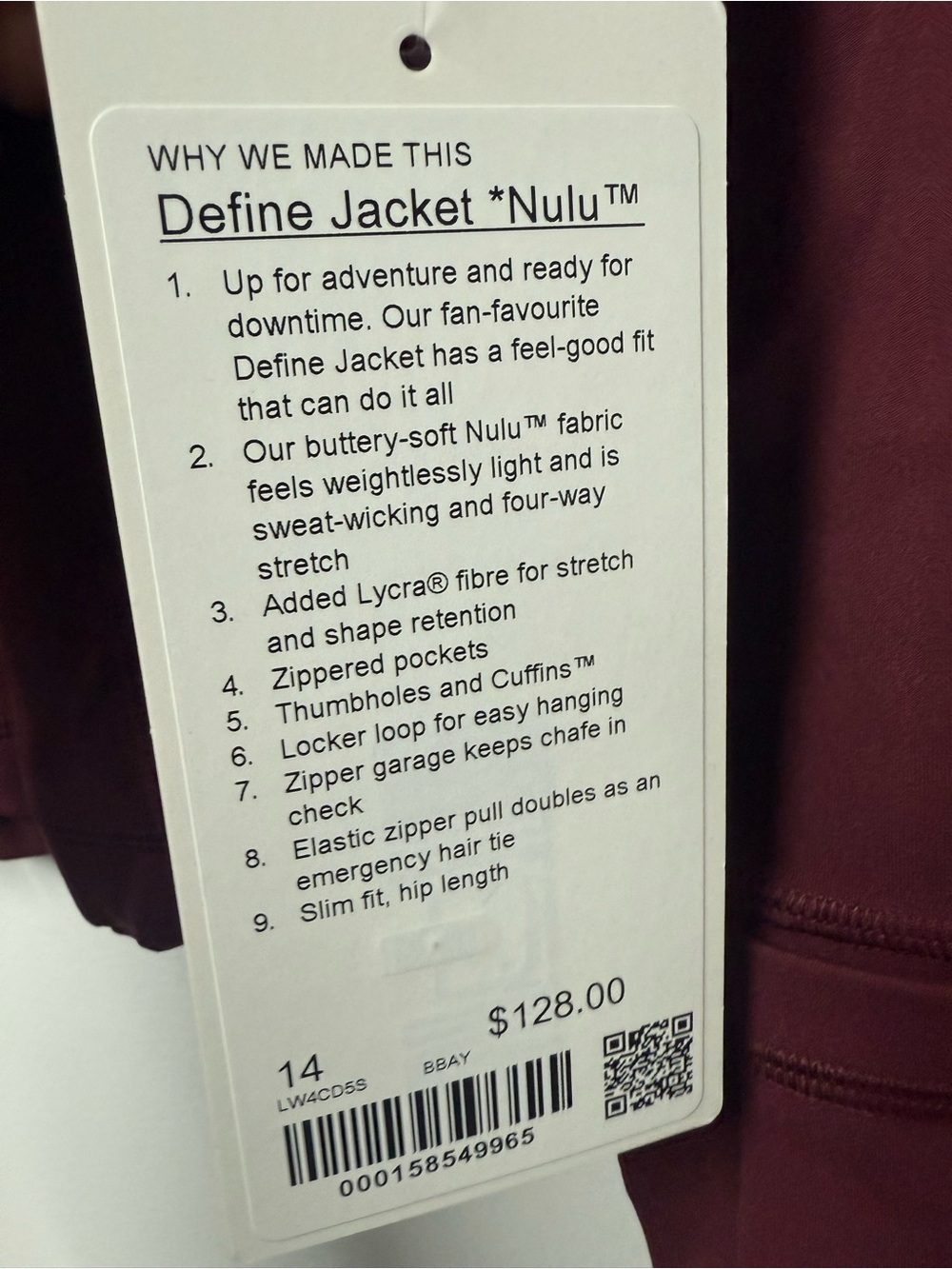 LuluLemon Define Jacket Nulu in Burgundy Bay - Picture 3 of 5